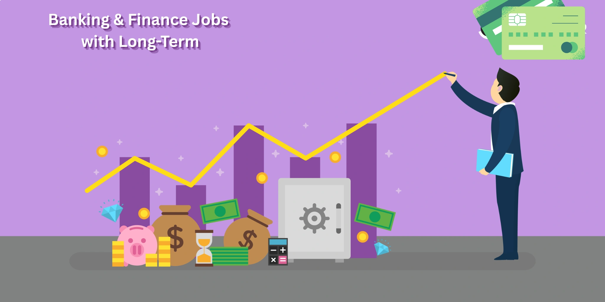 Banking and finance jobs with long-term career growth showing rising financial graph, money, bank safe and professional employee