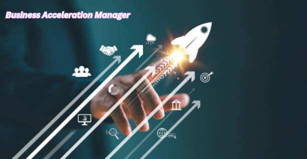Illustration representing a Business Acceleration Manager focused on strategic expansion, showing professionals collaborating with charts, puzzle pieces, and growth icons.