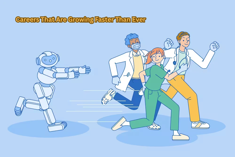 Careers growing faster than ever illustration showing professionals in technology, healthcare, renewable energy, finance, and digital marketing