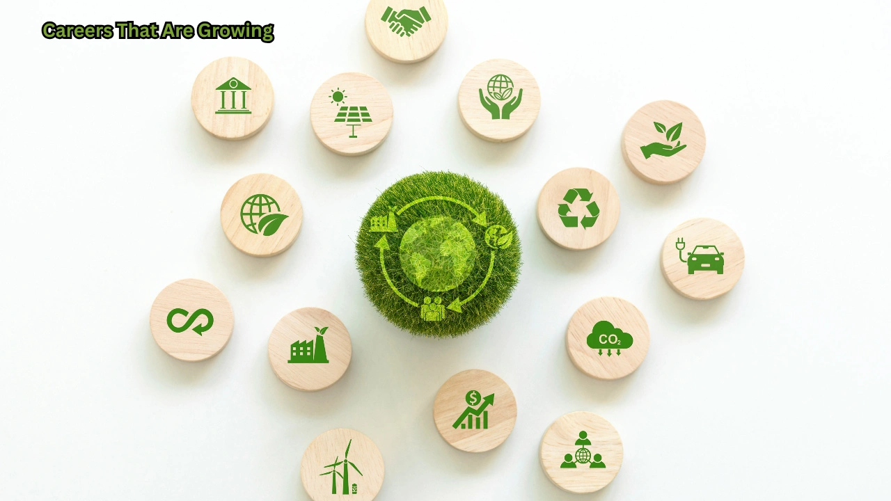 Careers that are growing faster than ever showing professionals in technology, healthcare, renewable energy, finance, and digital marketing working together