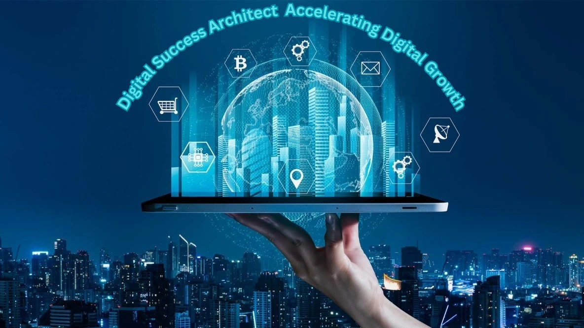 Colorful digital head silhouette made of technology and strategy icons representing smart insights, analytics, and digital growth.