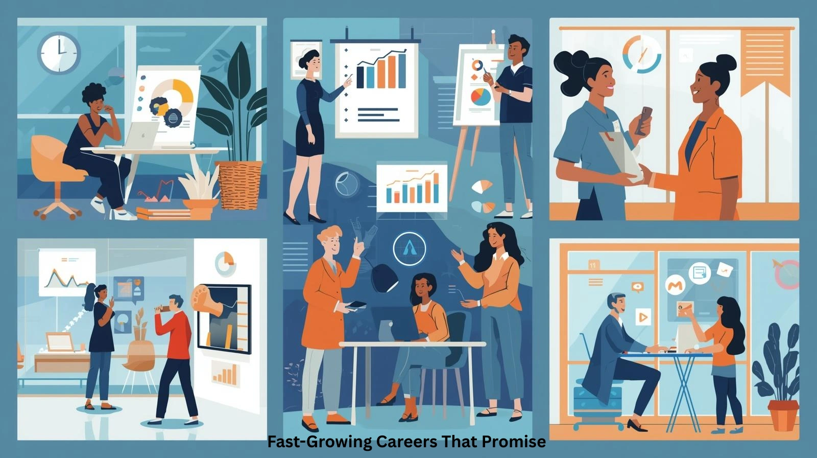 Fast-growing careers concept showing professionals in technology, healthcare, renewable energy, and digital marketing fields working together