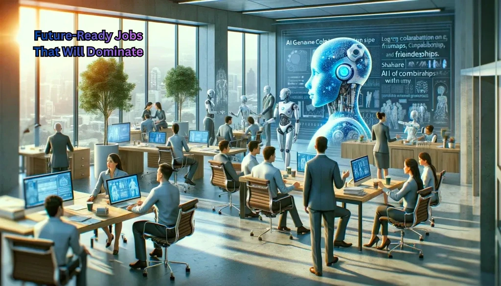 Future-ready jobs illustration showing professionals in AI, healthcare, renewable energy, cybersecurity, and digital marketing working together