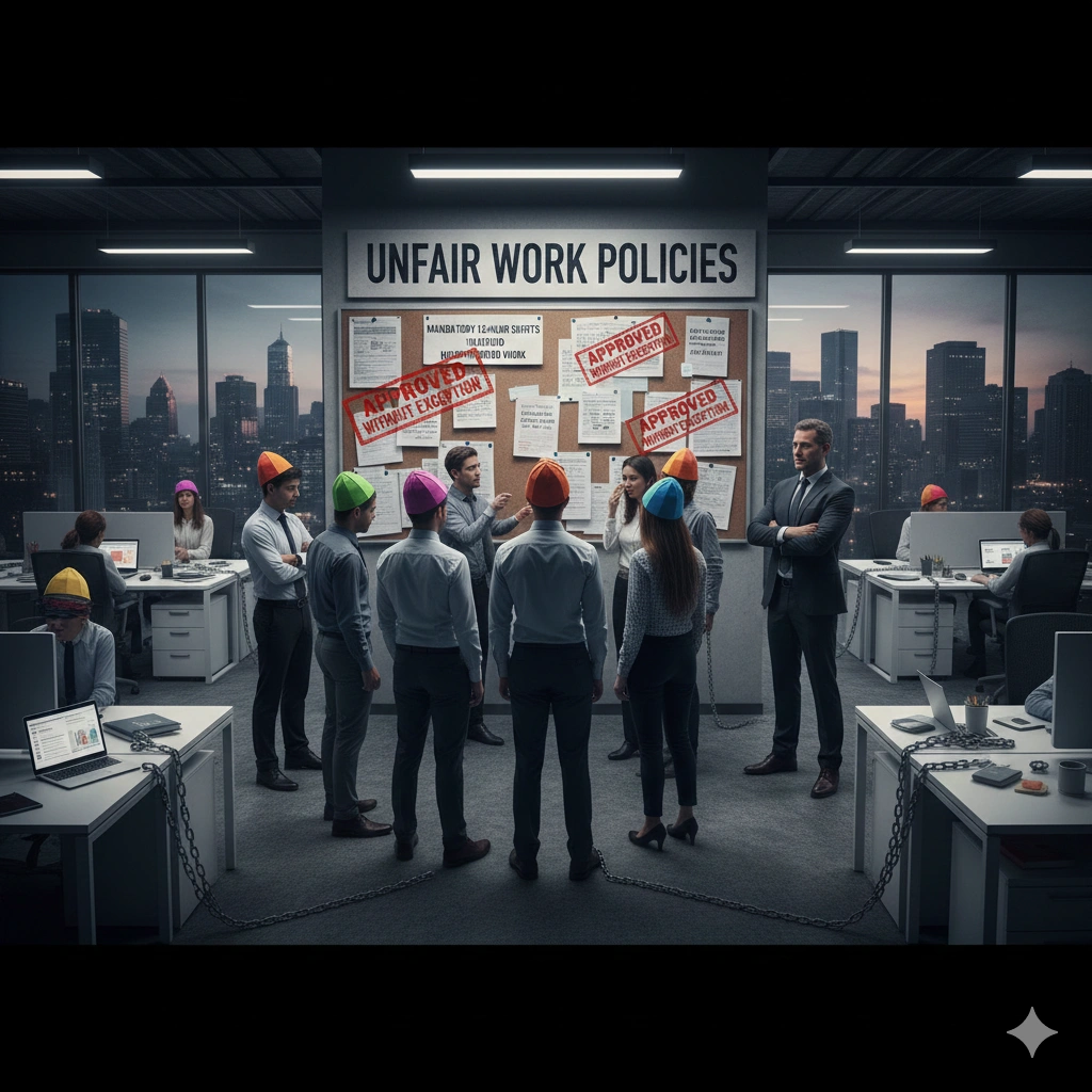 Employees facing unfair work policies such as excessive workload, unequal pay, strict rules, and lack of employee rights in the workplace