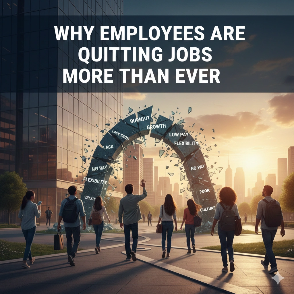 Employees in a modern office appear stressed and disengaged, symbolizing burnout, low pay, poor work-life balance, and lack of growth as key reasons employees are quitting jobs more than ever.