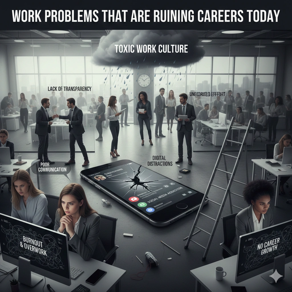 Modern office scene showing employees stressed and disengaged under a dark cloud labeled toxic work culture, with visual elements highlighting burnout, poor communication, lack of transparency, digital distractions, and no career growth.
