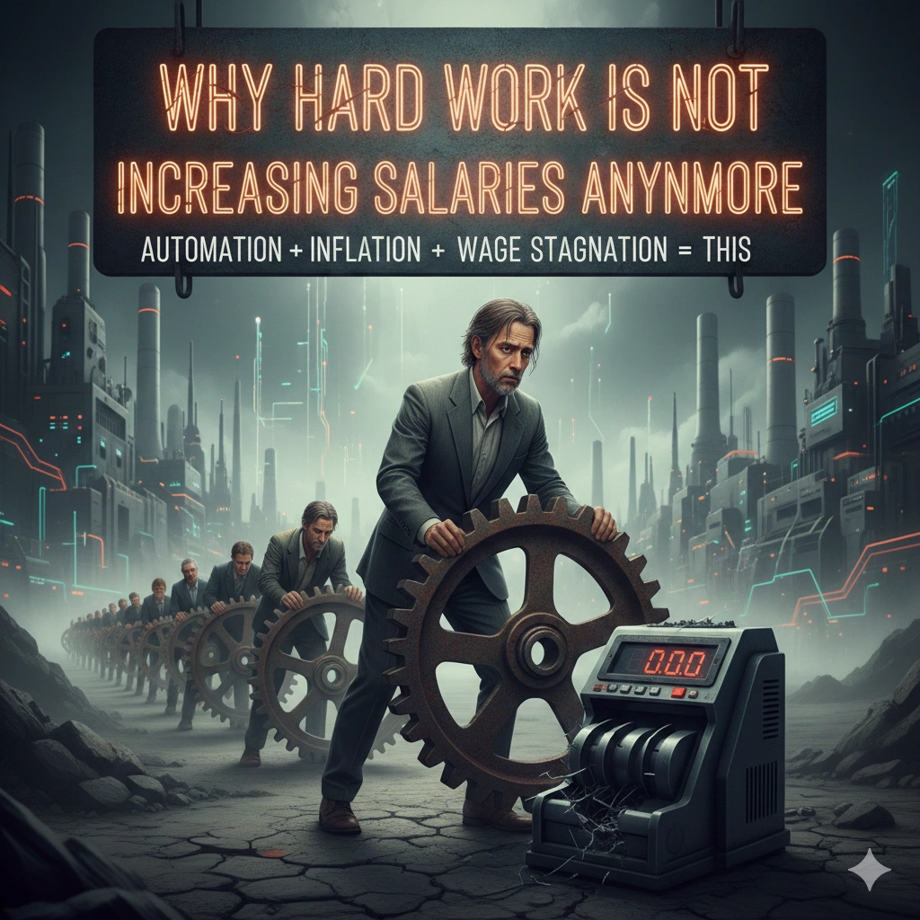 Employee working long hours at a desk looking stressed, representing why hard work is no longer increasing salaries