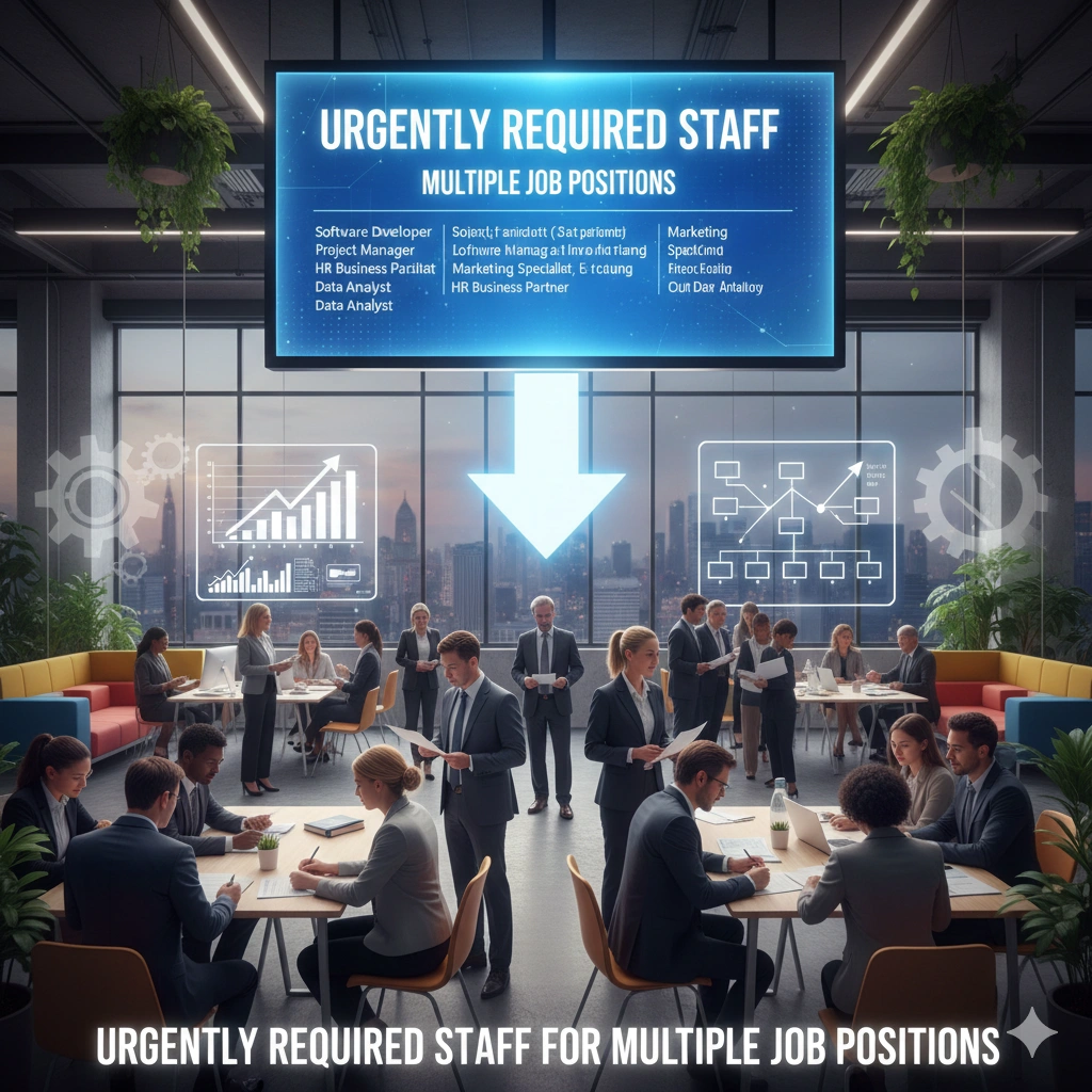 Corporate hiring event with professionals reviewing resumes and conducting interviews under an urgently required staff banner for multiple job positions.