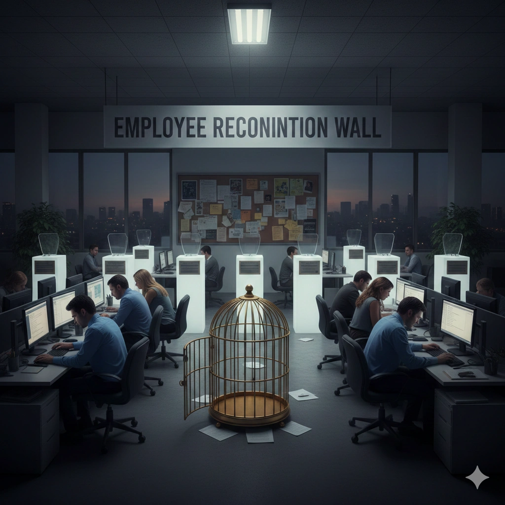 Employee standing unnoticed in an office while others receive praise, representing lack of recognition at work