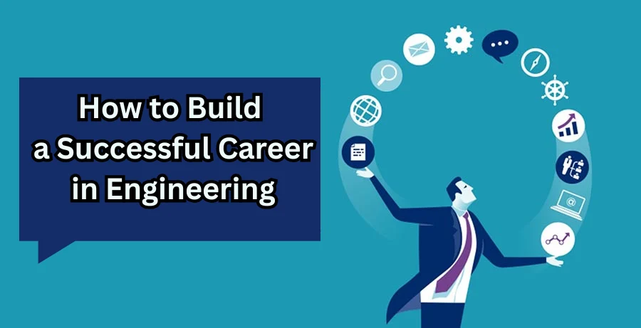 "Young engineer working on technical designs with laptop, blueprints, and engineering tools on a desk, symbolizing career growth in engineering."