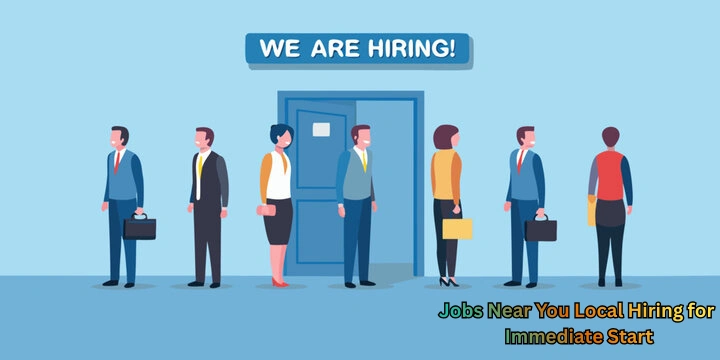 Job seekers standing in line outside office with hiring sign representing local jobs for immediate start