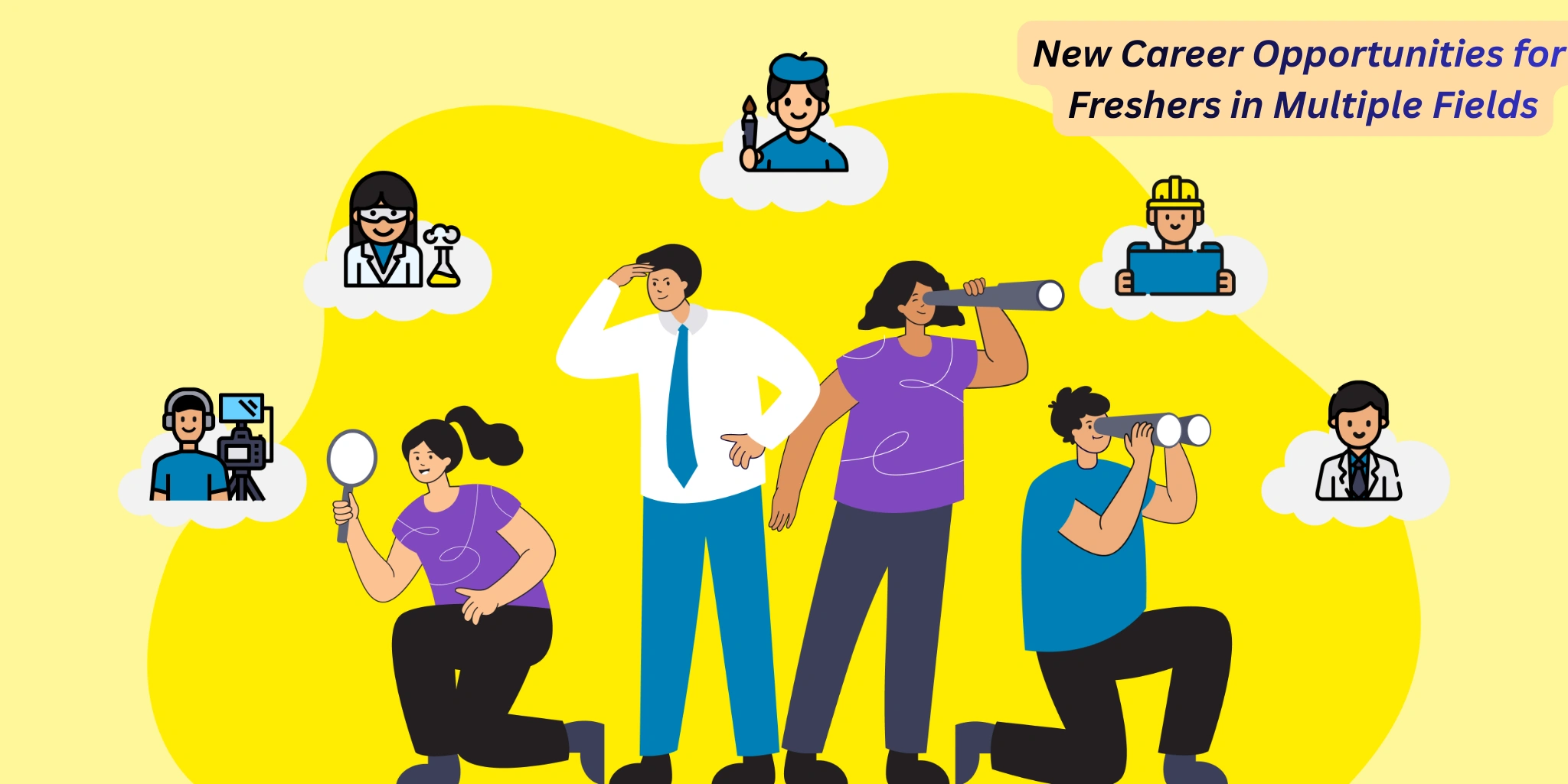 Illustration showing new career opportunities for freshers in multiple fields like IT, healthcare, engineering, media, science and creative jobs