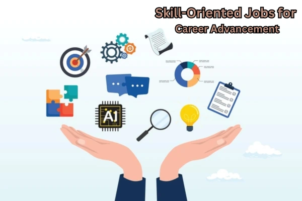 Professionals working in a modern office using digital tools and data dashboards, symbolizing skill-oriented jobs focused on career advancement and professional growth.