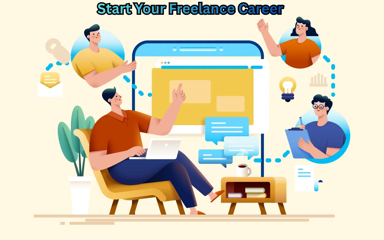 Illustration of a freelancer working on a laptop at home, surrounded by digital communication icons and people collaborating online, representing the concept of starting a freelance career.