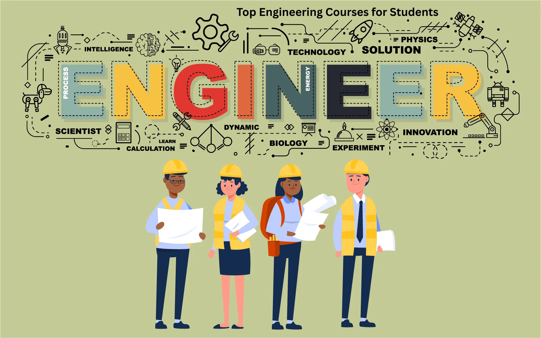 A student exploring various engineering courses after 12th, surrounded by icons representing different engineering fields such as computer science, mechanical, civil, electrical, and aerospace.