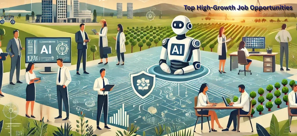 Illustration representing high-growth job opportunities in 2025 with professionals advancing toward career success across technology, healthcare, and global industries.