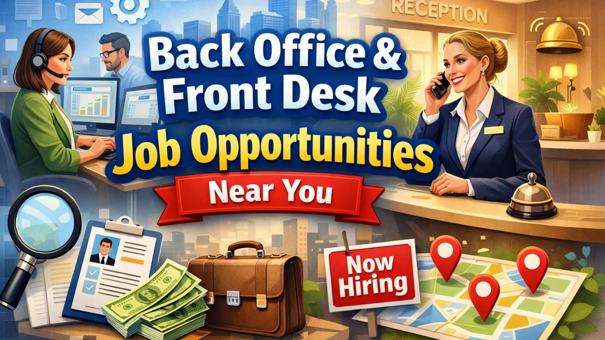 Back Office & Front Desk Job professionals managing administrative tasks, customer handling, and office operations in a modern workplace