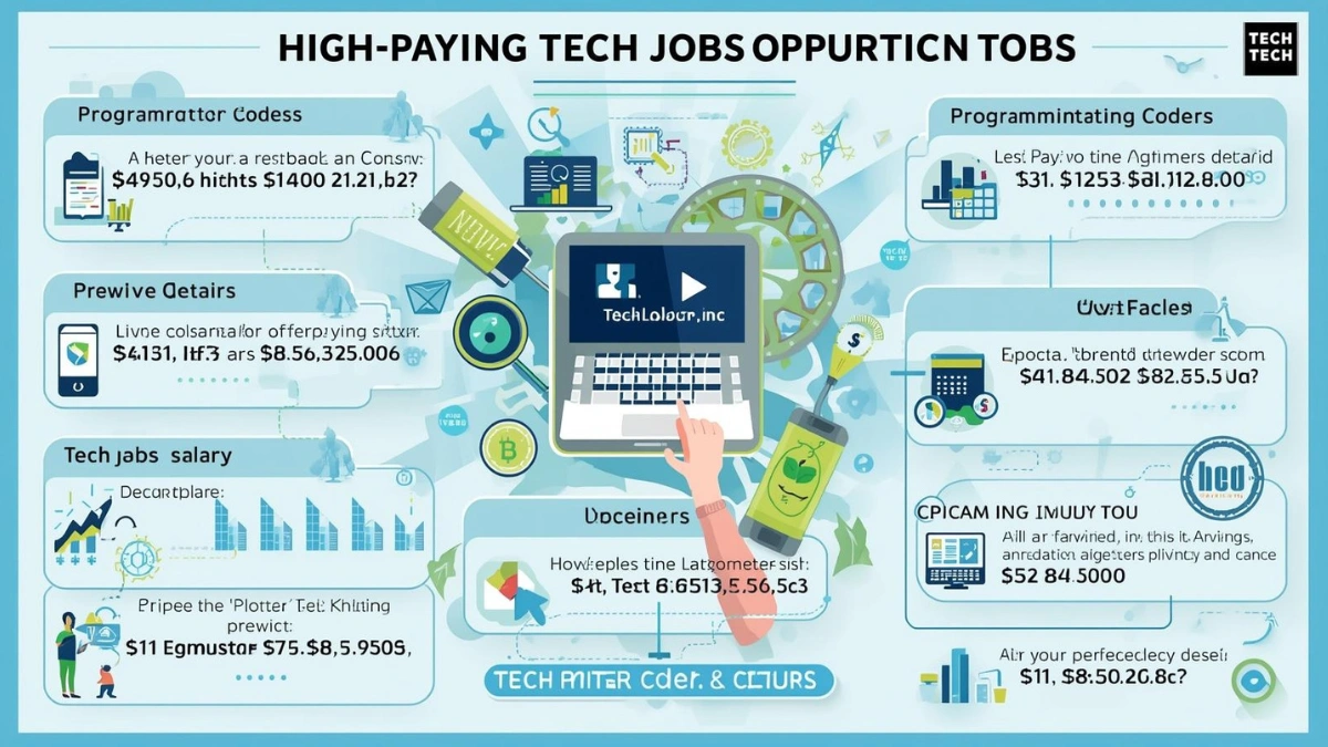 High-Paying Tech Jobs showcased through modern professionals working with advanced technology in a futuristic office environment